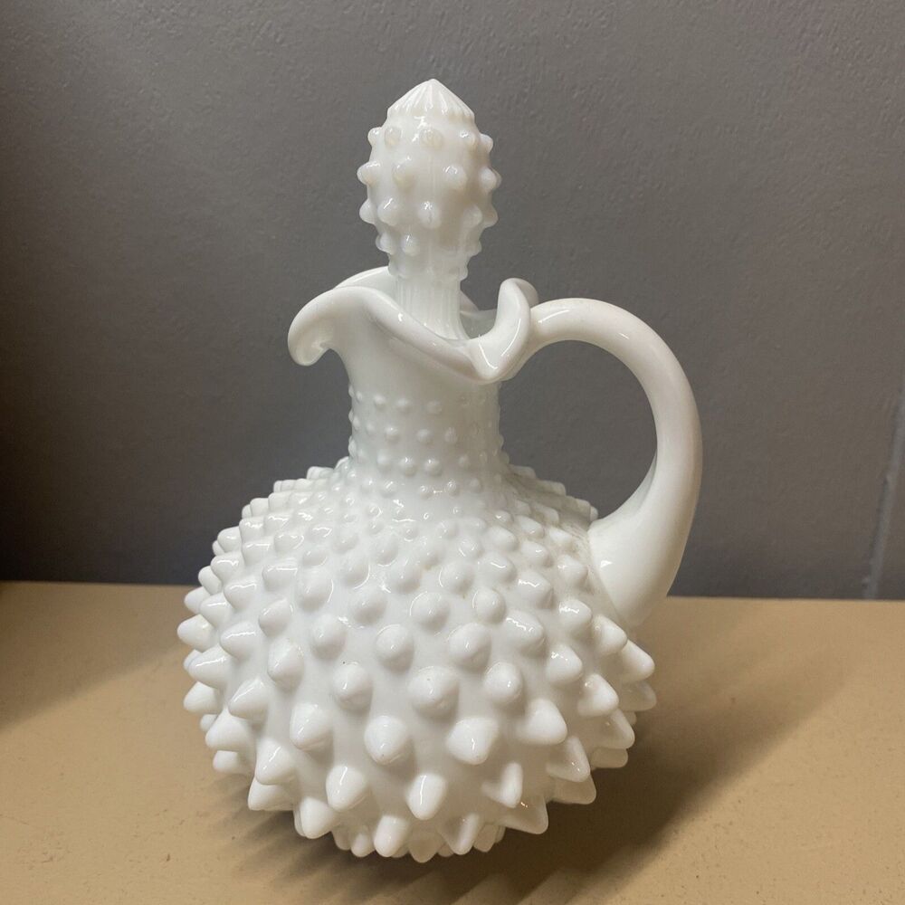 Vintage Fenton Art Glass White Milk Glass Hobnail Cruet oil bottle stopper rare